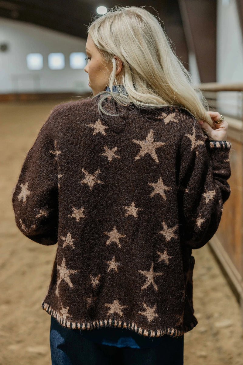 Load image into Gallery viewer, DLLS724 - Ladies Brown Stars Pattern Colorblock Long Sleeve Shift Cardigan
