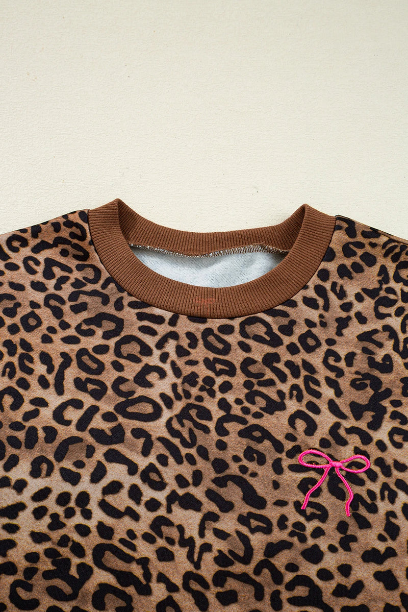 Load image into Gallery viewer, DLLS312 - Ladies Coffee Leopard Print Contrast Trim Long Sleeve Top and Pants Set
