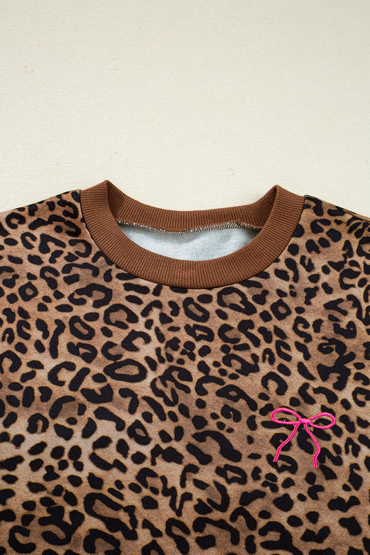 DLLS312 - Ladies Coffee Leopard Print Contrast Trim Long Sleeve Top and Pants Set