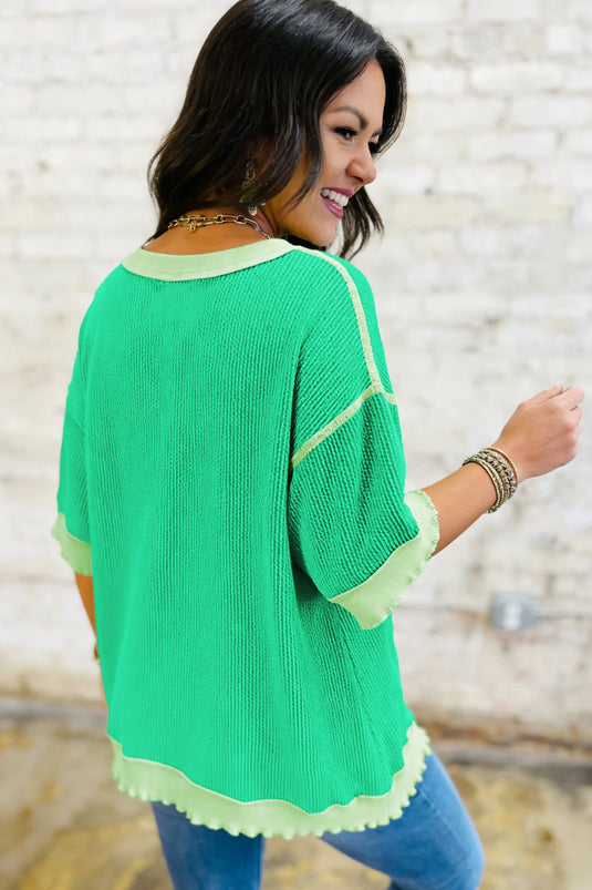 DLLS512 - Ladies Mint Green Loose Uneven Hem Twist Ribbed T Shirt