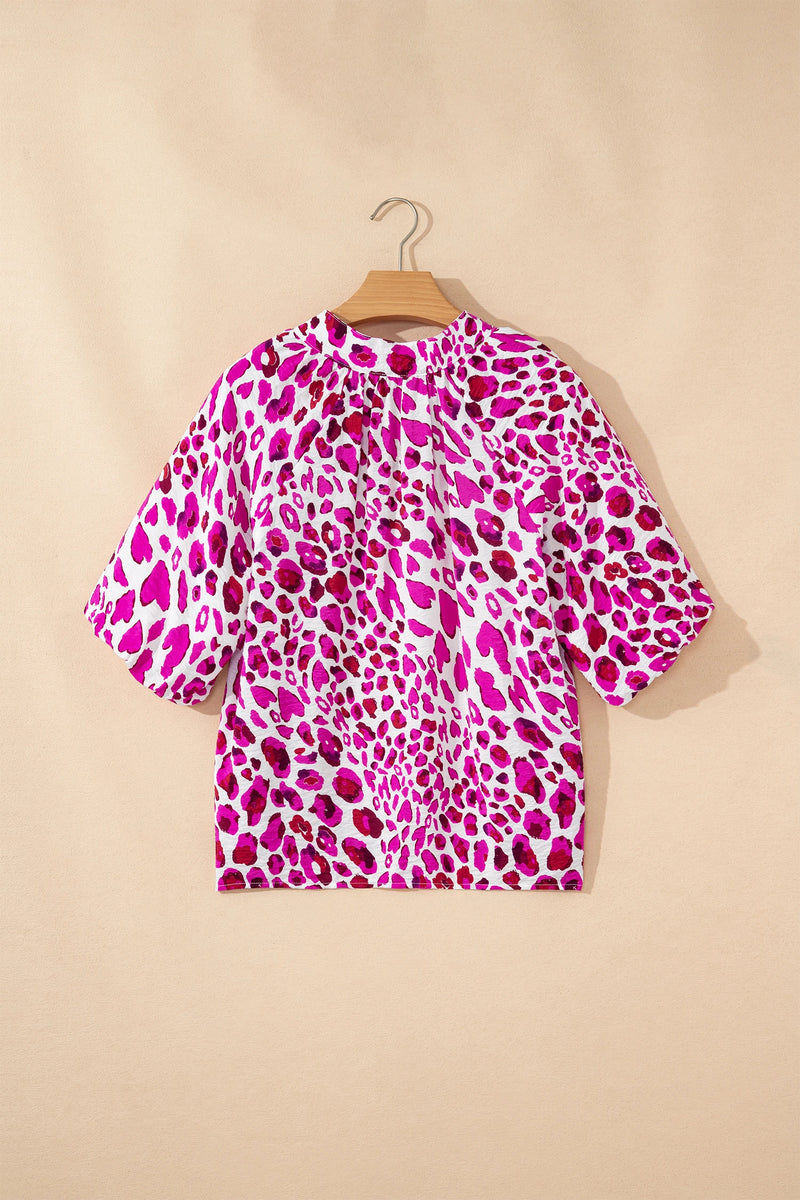 Load image into Gallery viewer, DLLS493 - Ladies Rose Leopard Print V Neck Puffy Half Sleeve Blouse
