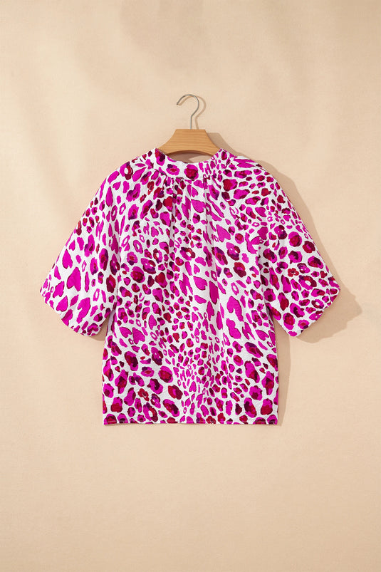 DLLS493 - Ladies Rose Leopard Print V Neck Puffy Half Sleeve Blouse