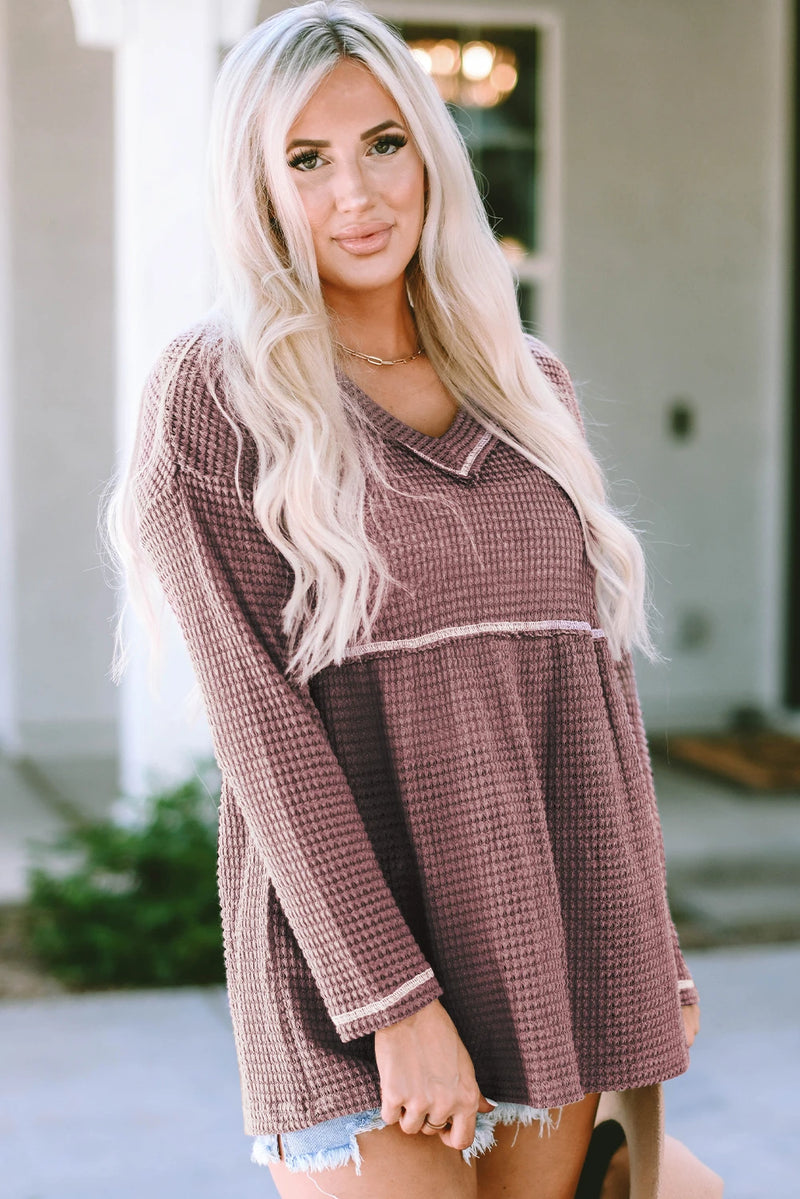 Load image into Gallery viewer, DLLS946 - Ladies Pink Waffle Knit V Neck Long Sleeve Babydoll Top
