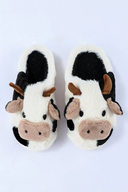 DLLSHOE 127 - White Cartoon Animal Cow Plush Slippers