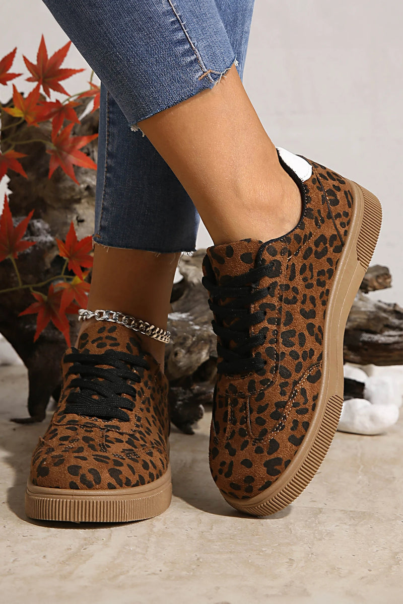 Load image into Gallery viewer, DLLSHOE 200 - Coffee Leopard Print Contrast Heel Tab Patchwork Laceup Shoes
