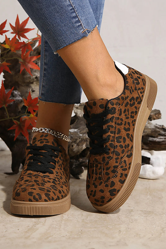 DLLSHOE 200 - Coffee Leopard Print Contrast Heel Tab Patchwork Laceup Shoes