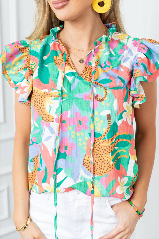 DLLS563 - Ladies Green Frilly Ruffle Tie Split Neck Summer Floral Blouse