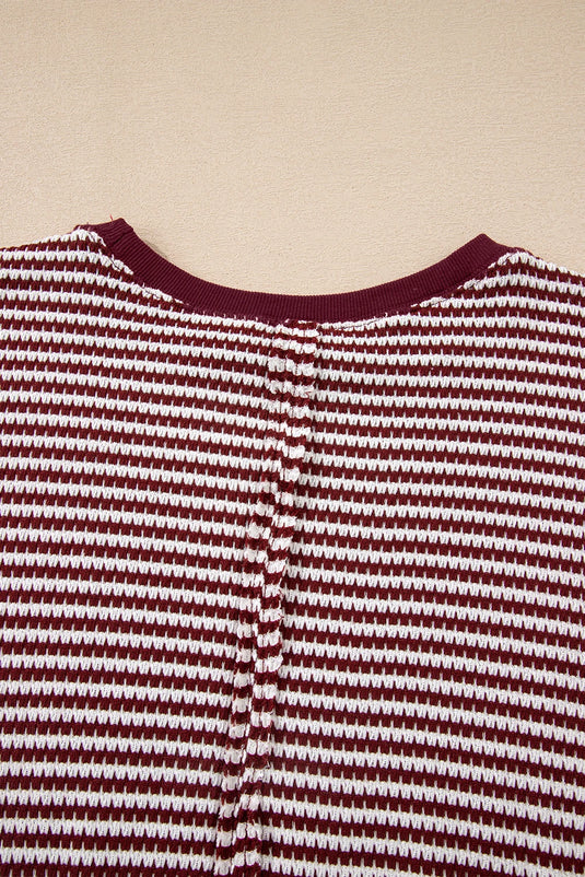 DLLS391 - Ladies Red Stripe Ribbed Trim Drop Shoulder Long Sleeve Oversize Top
