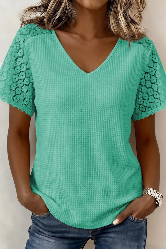 DLLS702 - Ladies Mint Green Lace Splicing Button Cutout V Neck Waffle Knit Blouse