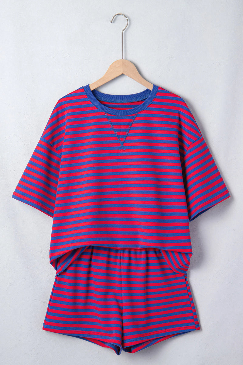 Load image into Gallery viewer, DLLS574 - Ladies Navy Stripe Ribbed Cotton Two-Piece Short Set with Chest Patch Detail
