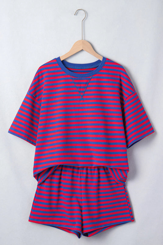 DLLS574 - Ladies Navy Stripe Ribbed Cotton Two-Piece Short Set with Chest Patch Detail