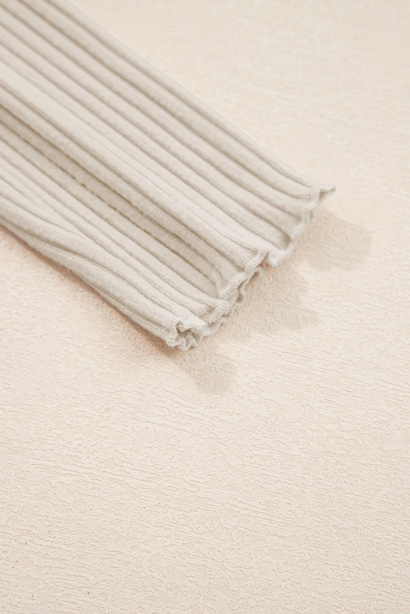 Load image into Gallery viewer, DLLS407 - Ladies Beige Lace Neckline Button Decor Lettuce Edge Long Sleeve Ribbed Top
