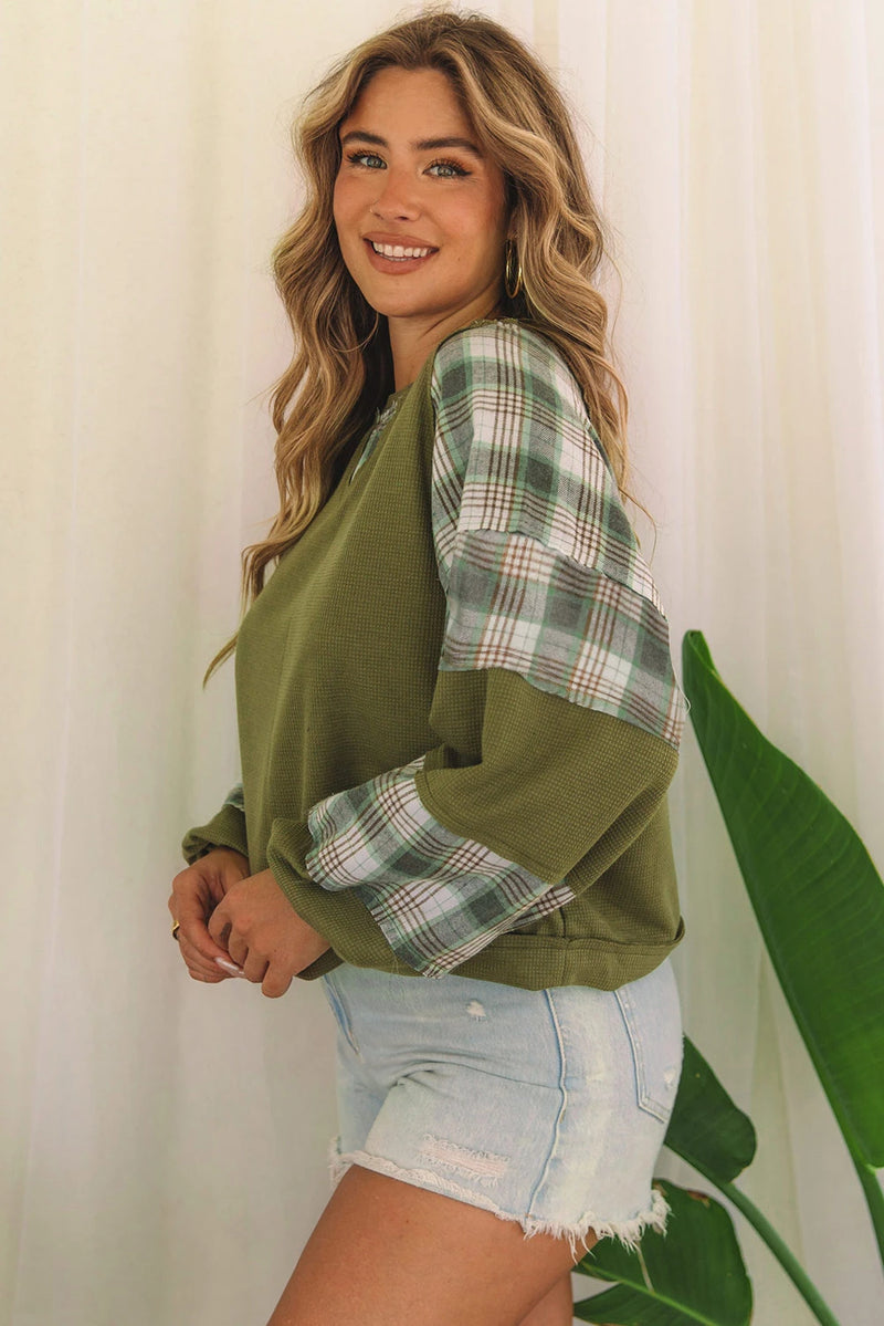 Load image into Gallery viewer, DLLS1145 - Ladies Green Plaid Patch Waffle Knit Exposed Seam Bubble Sleeve Top
