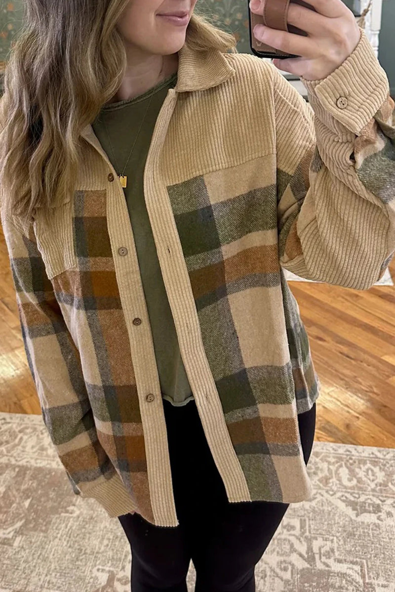 Load image into Gallery viewer, DLLS236 - Ladies Parchment Retro Plaid Corduroy Patchwork Shacket
