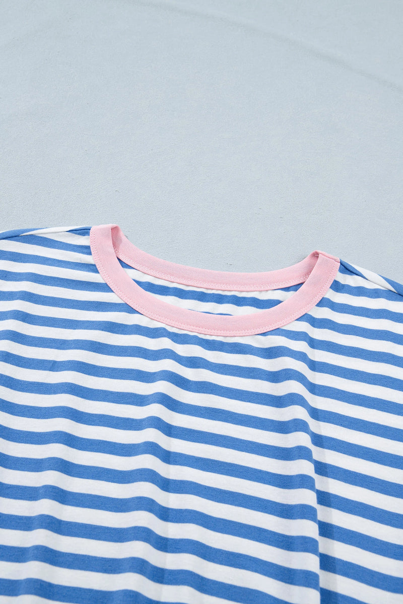 Load image into Gallery viewer, DLLS571 - Ladies Sky Blue Stripe Nautical Tie Contrast Trim Round Neck T Shirt Mini Dress

