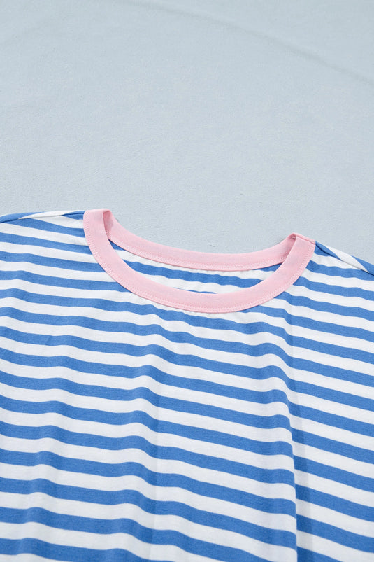 DLLS571 - Ladies Sky Blue Stripe Nautical Tie Contrast Trim Round Neck T Shirt Mini Dress