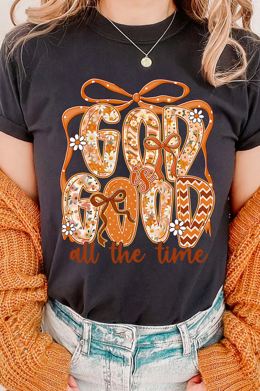 DLLS776 - Ladies Black GOD IS GOOD Thanksgiving Theme Print Custom Graphic Tee