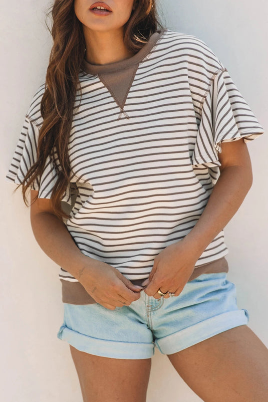 DLLS496 - Ladies Parchment Contrast Detail Striped Ruffle Short Sleeve Top