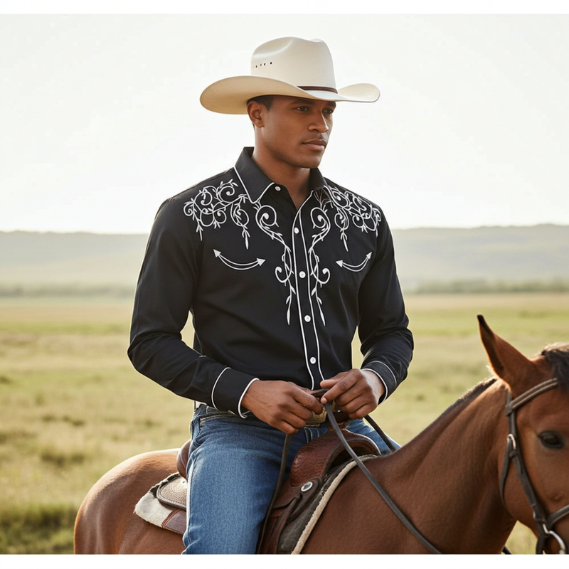 Load image into Gallery viewer, NIHMEN 3 - Men&#39;s Black Embroidered Western Shirt
