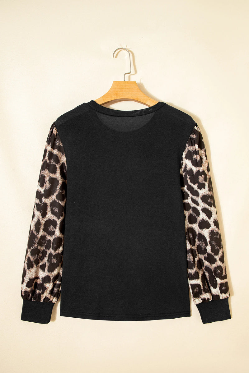 Load image into Gallery viewer, DLLS419 - Ladies Khaki Leopard Puff Sleeve Patchwork Top
