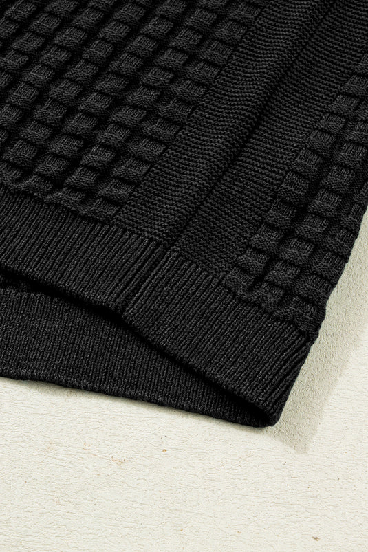 DLLS487 - Ladies Black Solid Color Round Neck Textured Short Sleeve Sweater