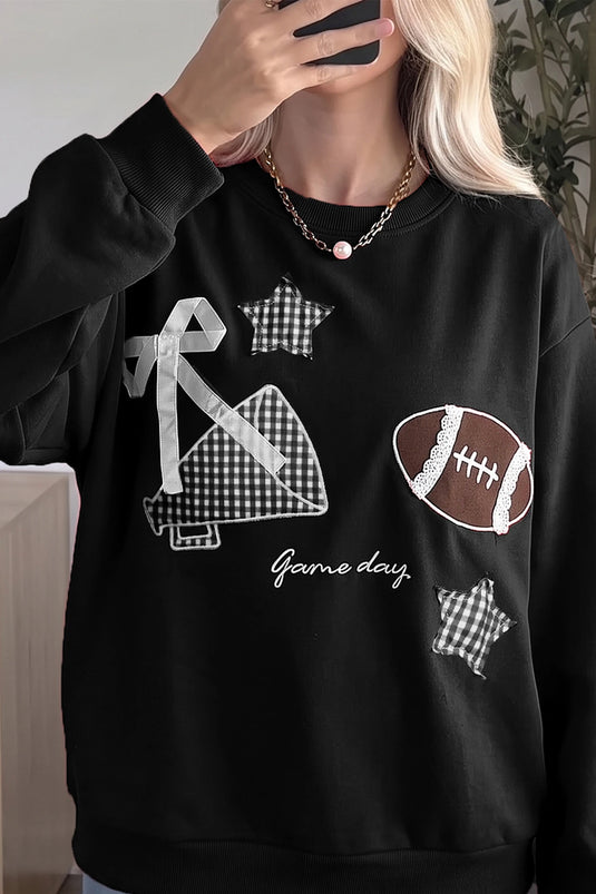 DLLS821 - Ladies Black Gingham Patch Embroidered Rugby Game Day Stars Sweatshirt
