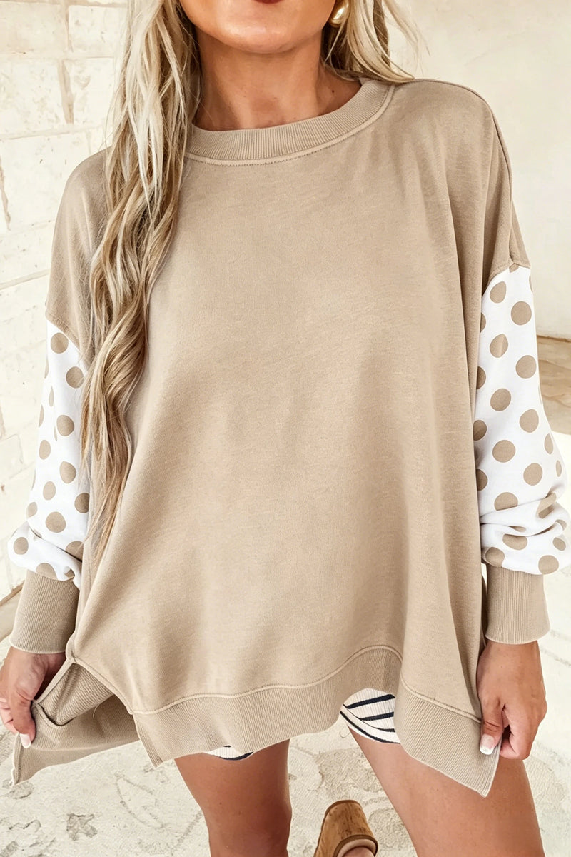 Load image into Gallery viewer, DLLS1078 - Ladies Khaki Polka Dot Patchwork Sleeve Crew Neck Loose Pullover Sweatshirt

