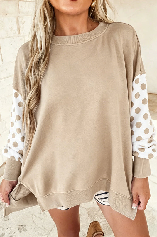 DLLS1078 - Ladies Khaki Polka Dot Patchwork Sleeve Crew Neck Loose Pullover Sweatshirt
