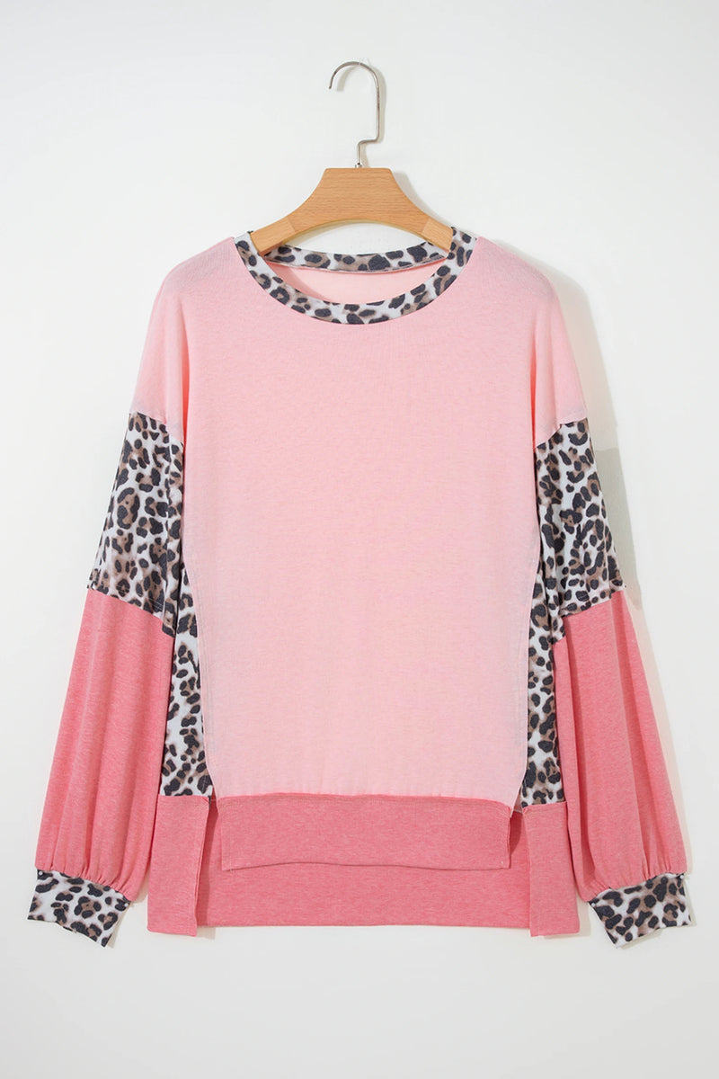 Load image into Gallery viewer, DLLS362 - Ladies Light Pink Leopard Patchwork Dolman Sleeve Baggy Sweatshirt
