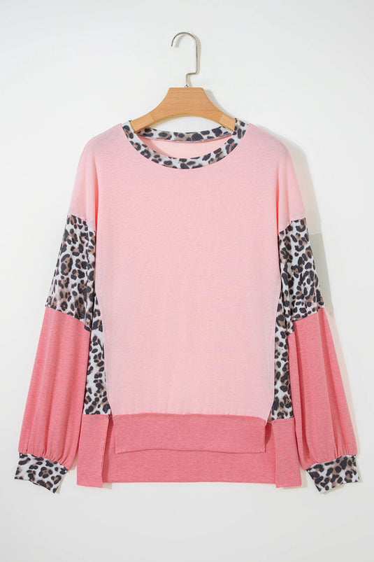 DLLS362 - Ladies Light Pink Leopard Patchwork Dolman Sleeve Baggy Sweatshirt