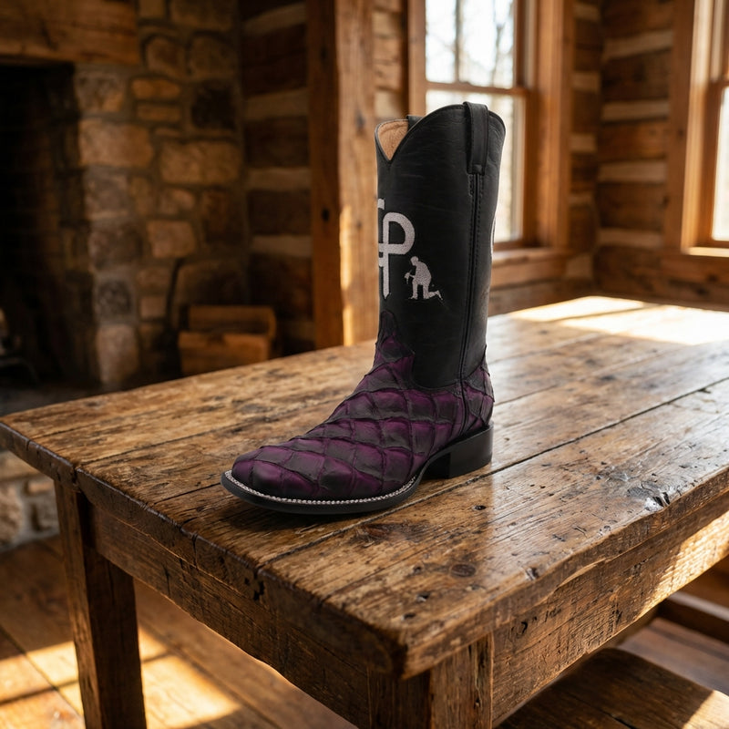 Load image into Gallery viewer, CP5006 - Cowboy Prayer Men's Purple Pirarucu Print Western Boot
