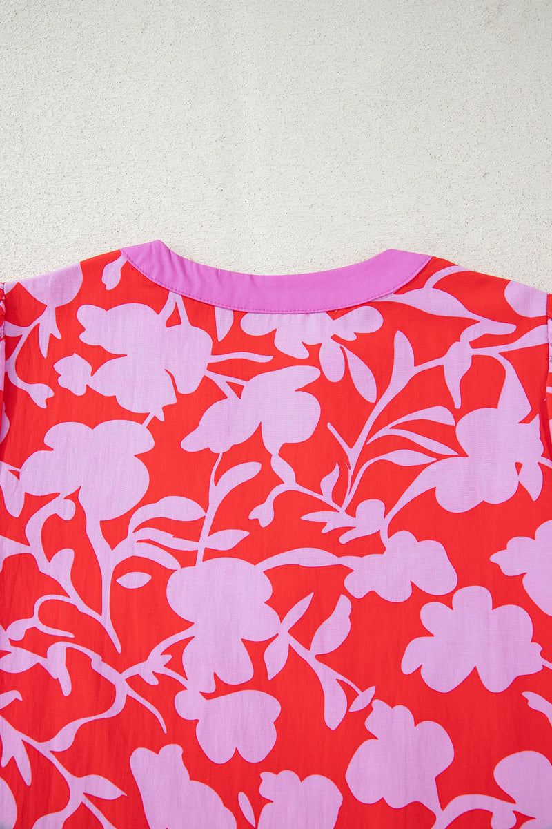 Load image into Gallery viewer, DLLS330 - Ladies Red Floral Print Split V Neck Cuffed Bracelet Sleeve Blouse
