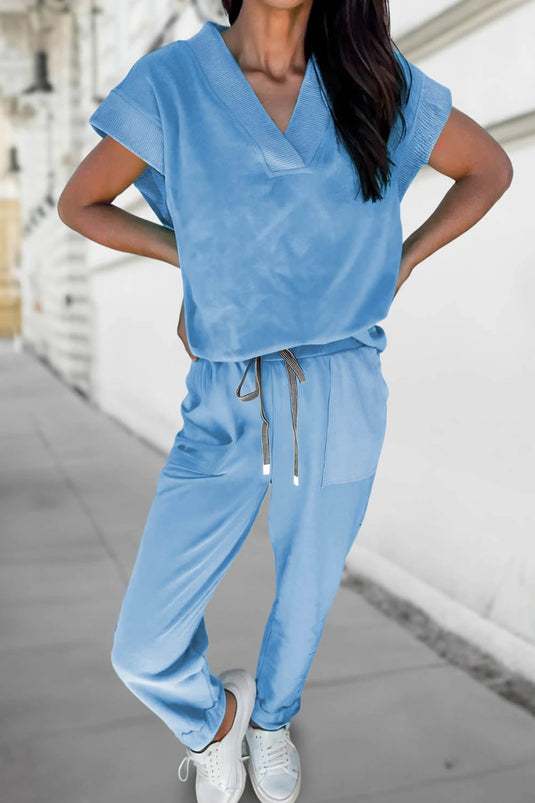 DLLS933 - Ladies Beau Blue Solid Color V Neck Tee Drawstring Pant Set