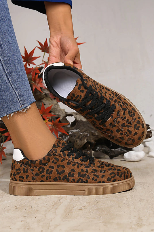 DLLSHOE 200 - Coffee Leopard Print Contrast Heel Tab Patchwork Laceup Shoes