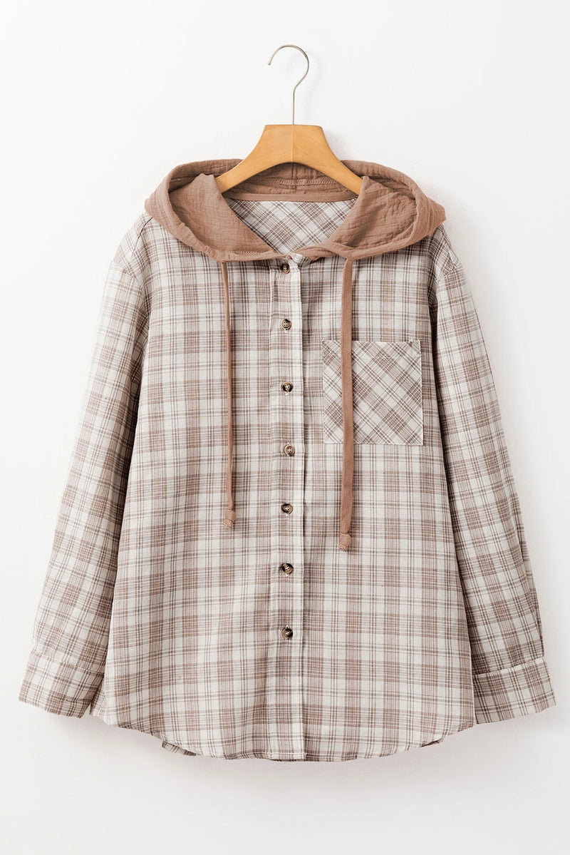Load image into Gallery viewer, DLLS905 - Ladies Khaki Checkered Print Loose Fit Buttoned Hooded Shacket
