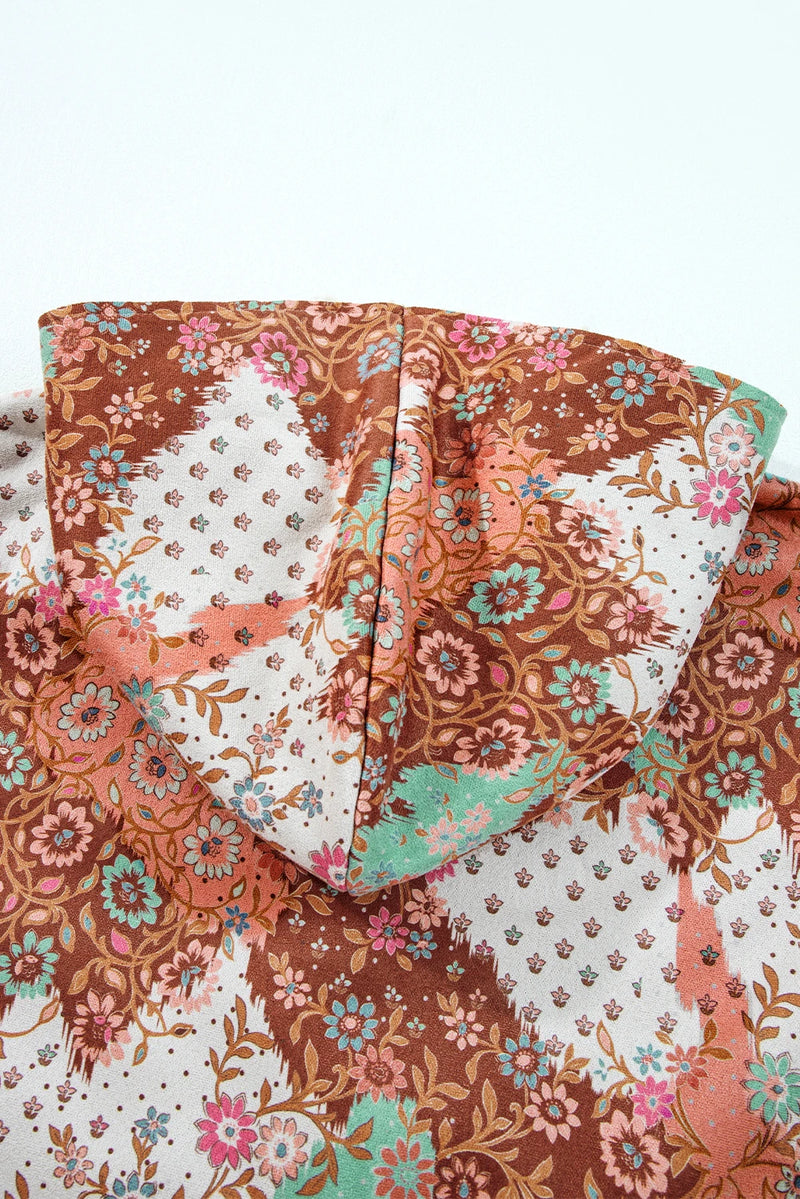 Load image into Gallery viewer, DLLS166 - Ladies Khaki Vintage Floral Printed Sherpa Lined Hooded Jacket
