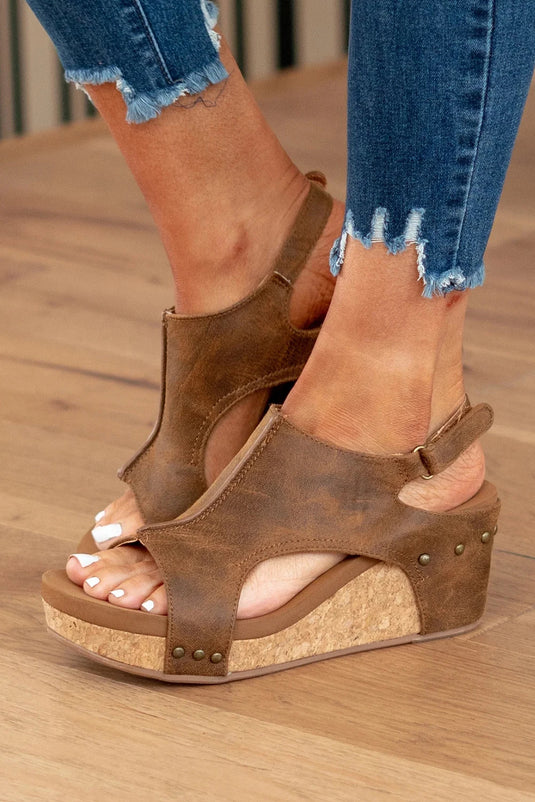 DLLSHOE 40 - Brown Vintage Leather Stitching Studded Wedge Sandals