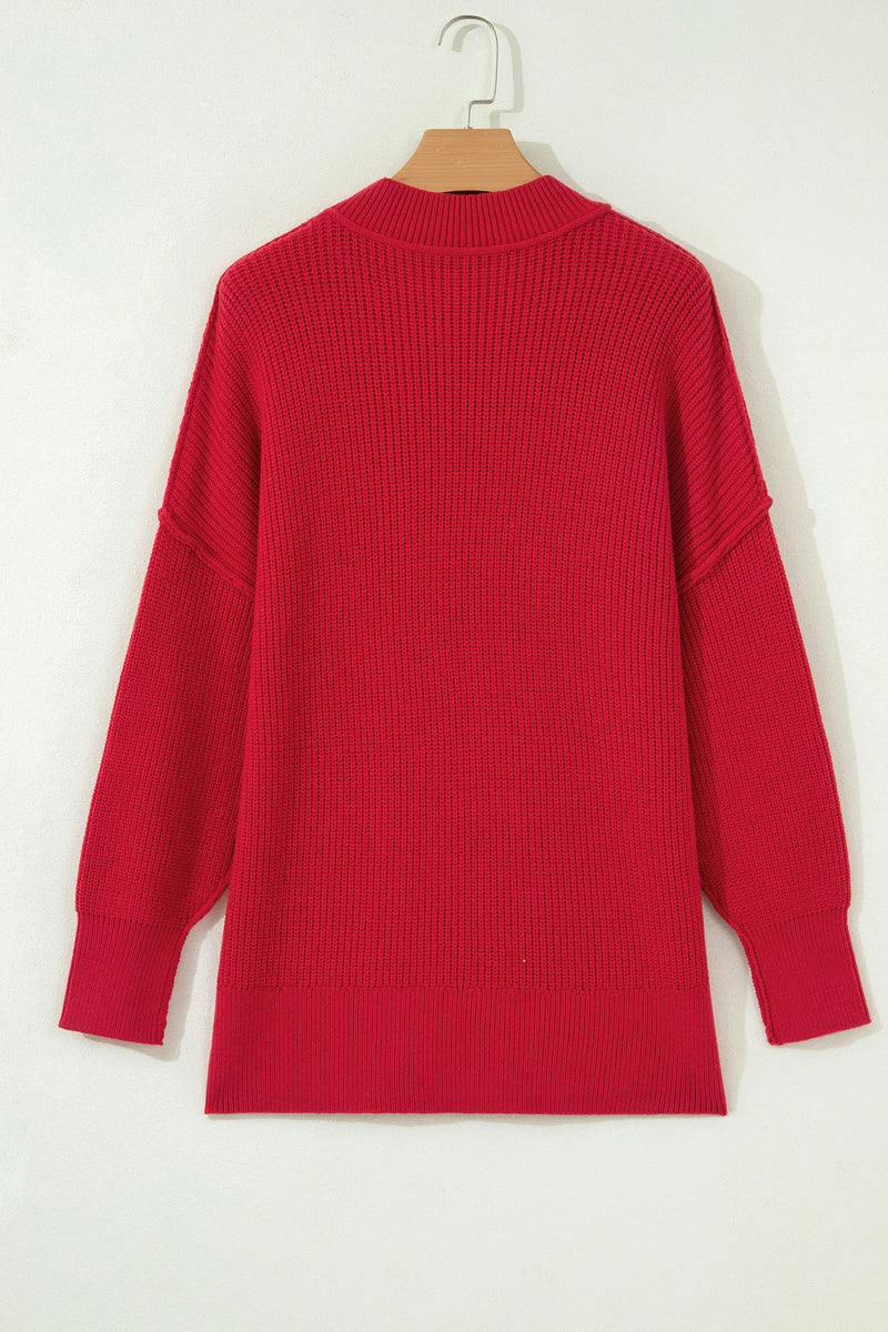 Load image into Gallery viewer, DLLS738 - Ladies Red Dahlia Long Sleeve Ribbed Knit Stand Neck Regular Fit Sweater
