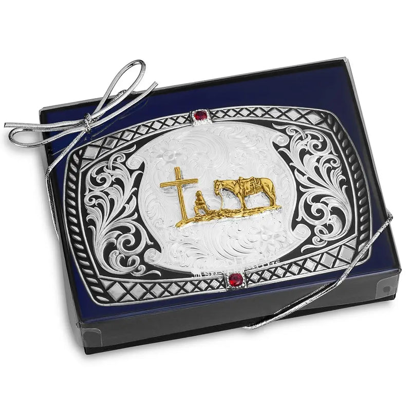 Load image into Gallery viewer, 58410-731M - Montana Silversmiths Midnight Range Buckle with Praying Cowboy
