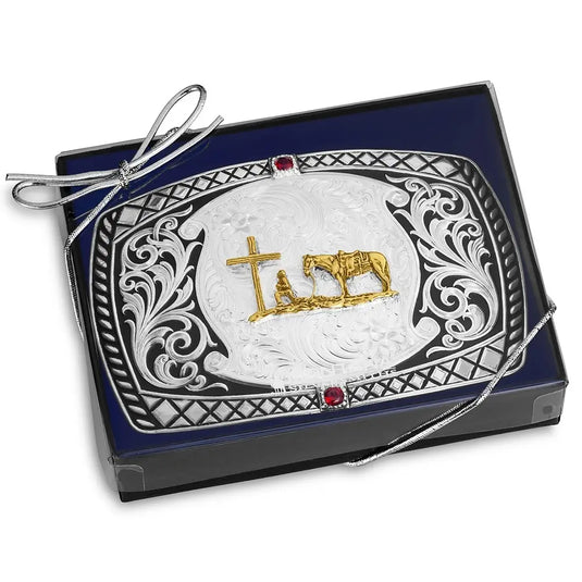 58410-731M - Montana Silversmiths Midnight Range Buckle with Praying Cowboy
