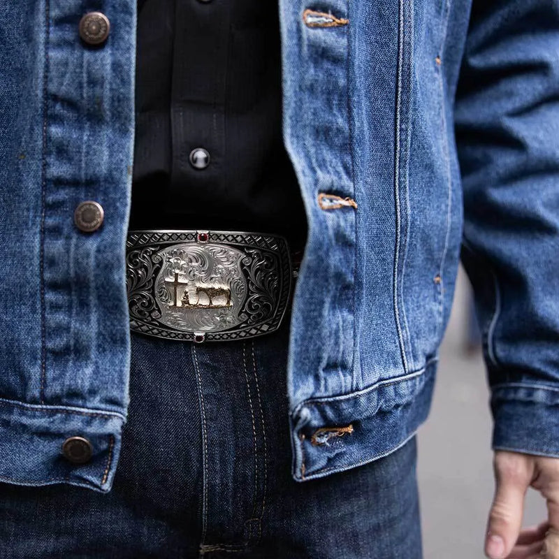 Load image into Gallery viewer, 58410-731M - Montana Silversmiths Midnight Range Buckle with Praying Cowboy
