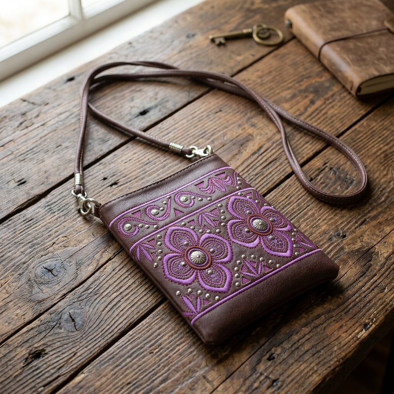 Load image into Gallery viewer, Rainbow Purse 4 - Brown with Purple Floral Design
