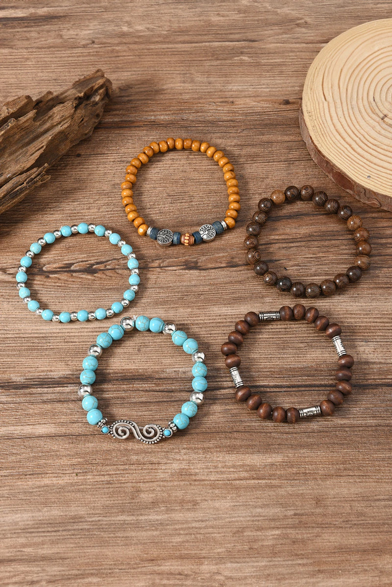 Load image into Gallery viewer, DLLBC 16 - Cinnamon Boho 5pcs Turquoise Wood Beaded Elastic Bracelet Set
