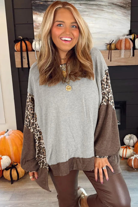 DLLS184 - Ladies Gray Color Block Leopard Patchwork Dolman Sleeve High Low Baggy Sweatshirt