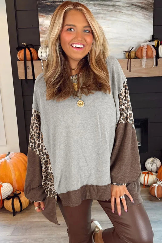 DLLS184 - Ladies Gray Color Block Leopard Patchwork Dolman Sleeve High Low Baggy Sweatshirt