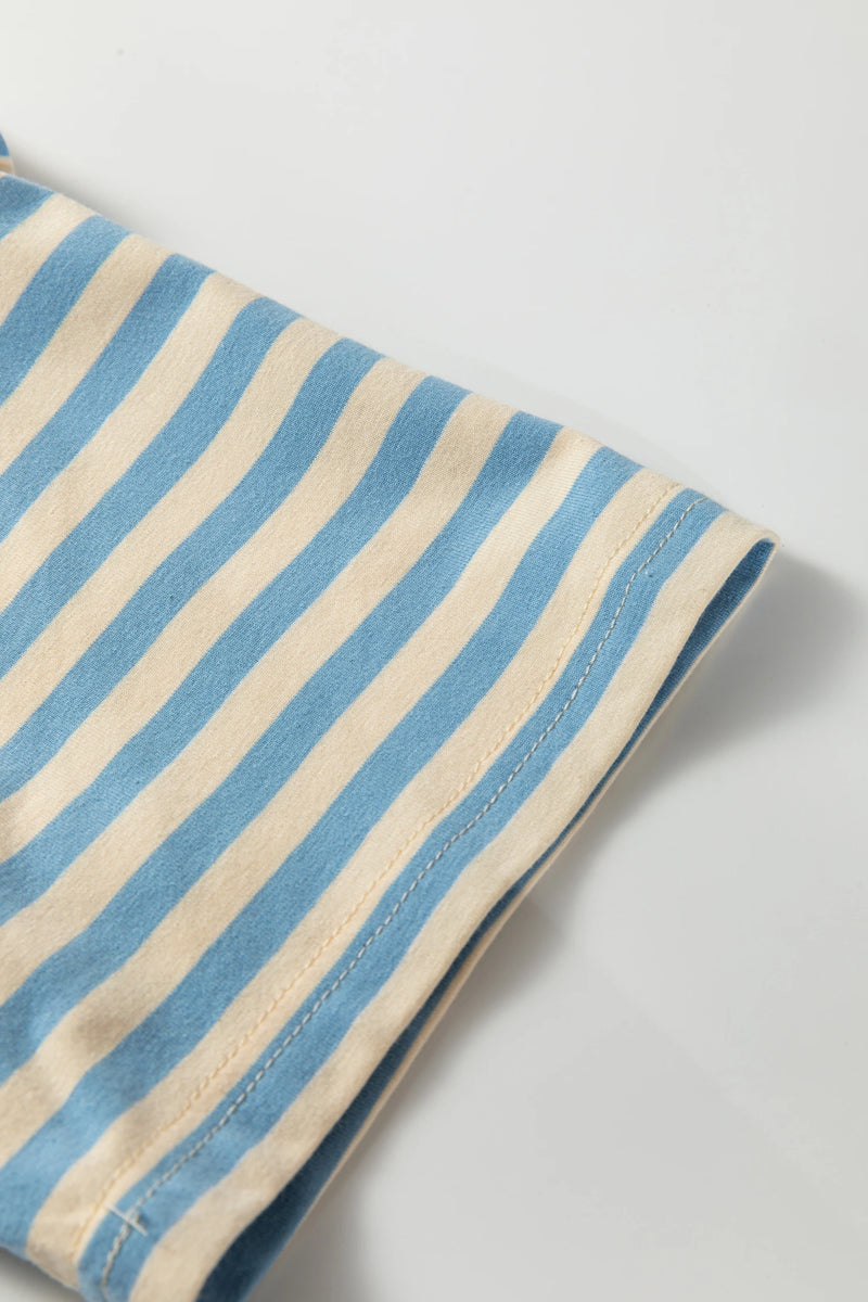 Load image into Gallery viewer, DLLS468 - Ladies Sky Blue Stripe Contrast Crew Neck Drop Shoulder Loose Tee
