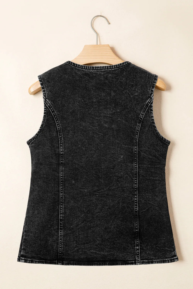 Load image into Gallery viewer, DLLS583 - Ladies Black Buttoned Front Slit Denim Vest
