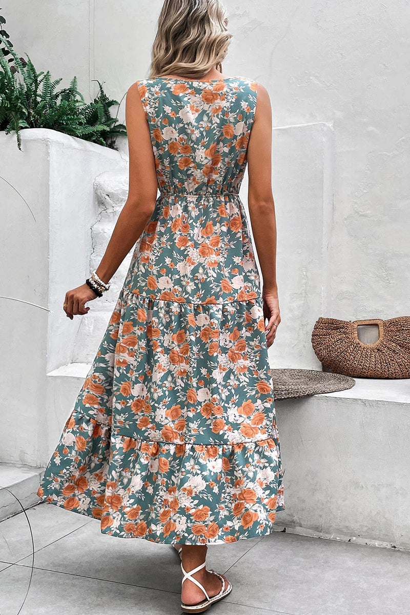 Load image into Gallery viewer, DLLS586 - Ladies Green Floral Print Trimmed V Neck Tie Waist Sleeveless Long Dress
