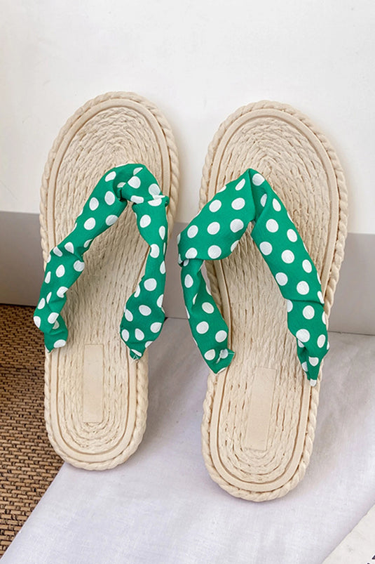 DLLSHOE 183 - Bright Green Polka Dot Fabric Upper PVC Braided Sole Flip Flops