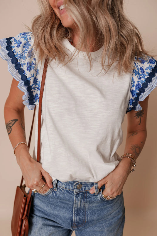 DLLS463 - Ladies Blue Ric-Rac Trim Printed Flutter Sleeve Contrast Patchwork Blouse